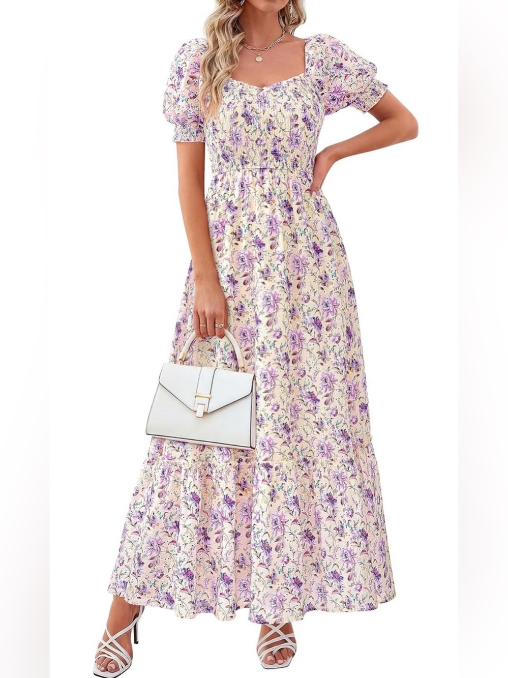 PRETTYGARDEN Women's Floral Boho Maxi Dresses Flowy Short Sleeve A Line